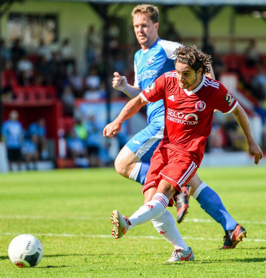 Welling's Bradley Goldberg puts his side ahead against Tonbridge. Picture: Dave Budden