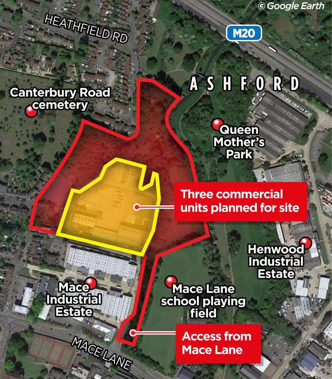 Warehouses could be built at the former Headley Brothers site. The yellow outline shows where the buildings would go, the red shows the site boundary.