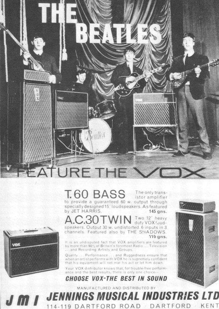 A poster used to advertise the Vox amplifiers made in Dartford