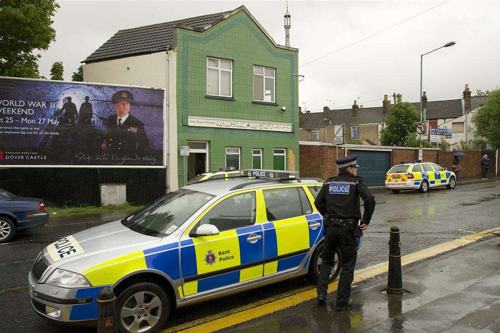 Medway police outside the Jamia Mosque, Canterbury Street, Gillingham