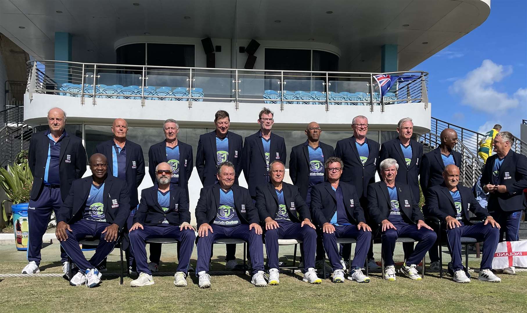 England over-60s in front of the Garfield Sobers Pavilion at the Kensington Oval. Whitstable's John Butterworth is pictured, front row, second from the left