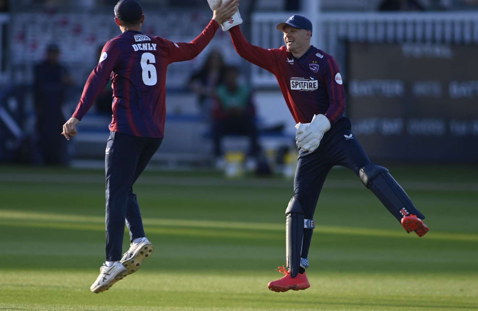 Joe Denly and Sam Billings celebrate another wicket as Spitfires beat Gloucestershire at Canterbury in their opening-day T20 game. Picture: Barry Goodwin