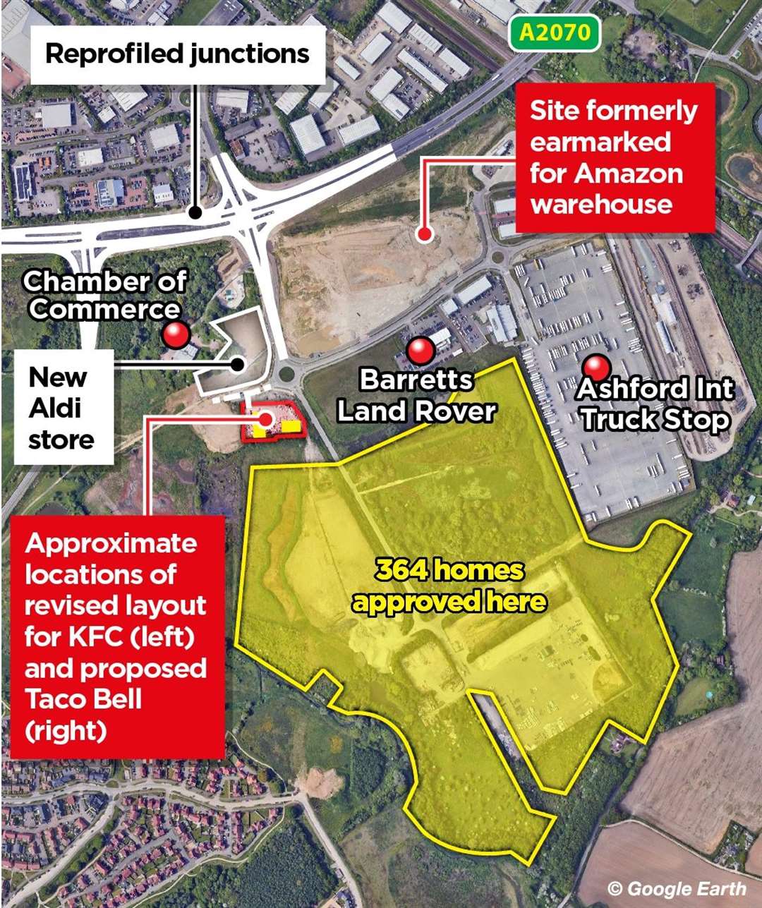 A map showing the layout of the Waterbrook Park development off the A2070 in Ashford