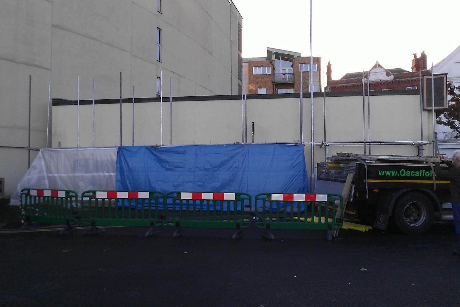 Scaffolding around the outside of the Banksy. Picture: James Gillen