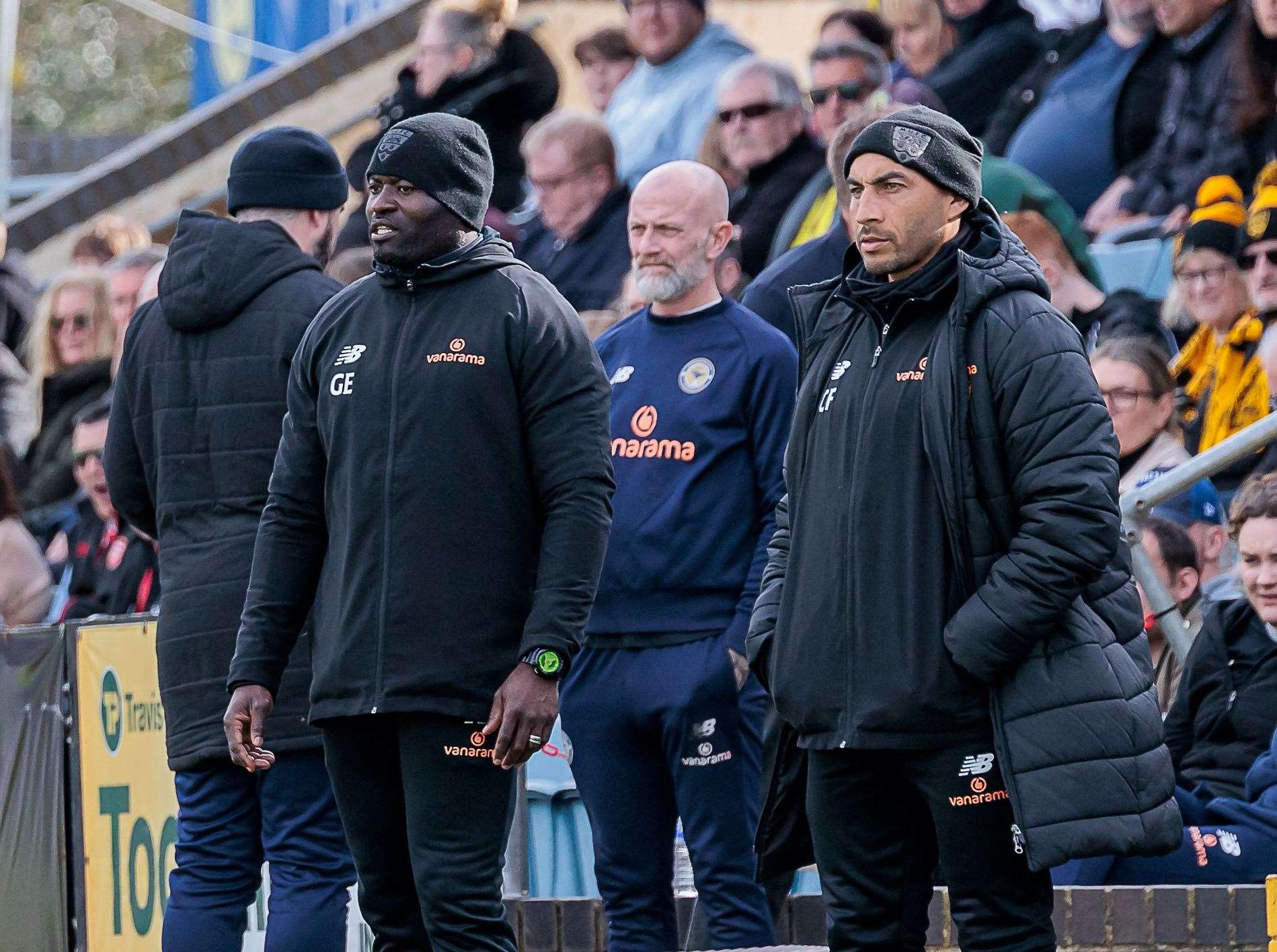 Maidstone manager George Elokobi and No.2 Craig Fagan on the touchline at Farnborough. Picture: Helen Cooper