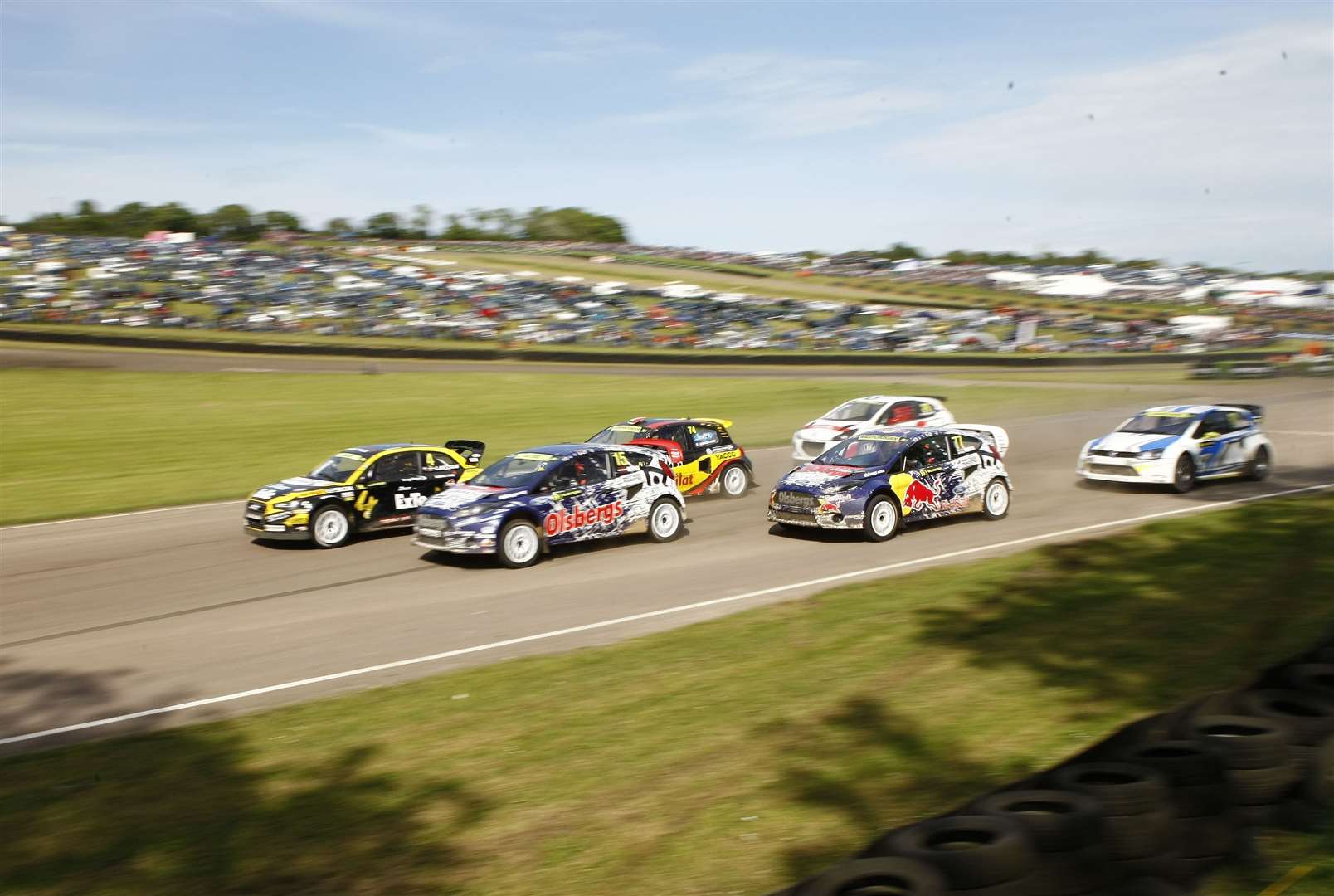 The start of the second semi final at Lydden Hill's FIA World Rallycross Championship round in May 2014, with Audi star Robin Larsson leading the pack. Picture: Matt Bristow