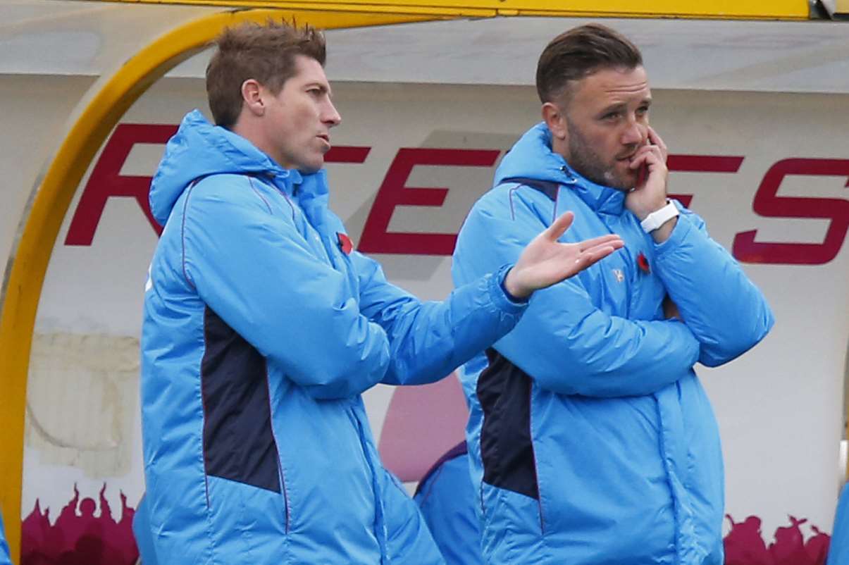 Boss Jay Saunders and assistant manager Nicky Southall discuss tactics Picture: Andy Jones