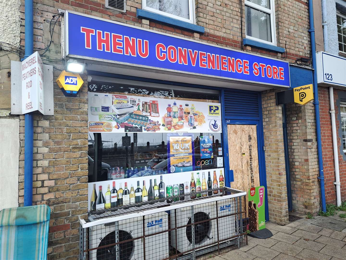 The door to Thenu Convenience Store in Snargate Street, Dover, has been boarded up