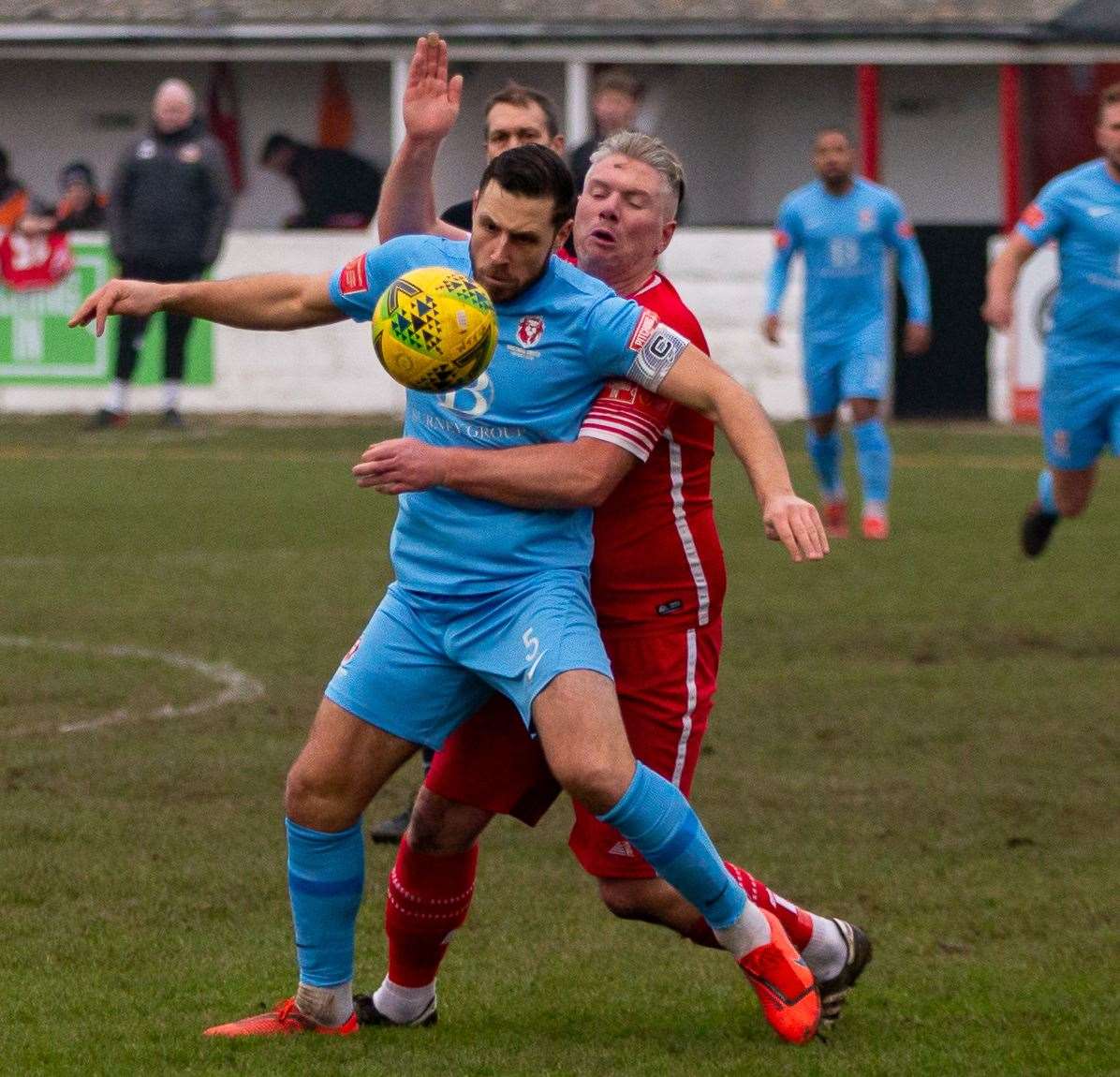 Harry Goodger gets involved against Craig Stone. Picture: Les Biggs