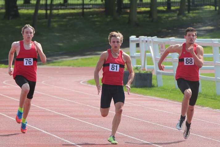 Ben Milham, Michael Watson and Daryl Francis-Wright sprint to the finish line in the 100m Picture: Martin Apps