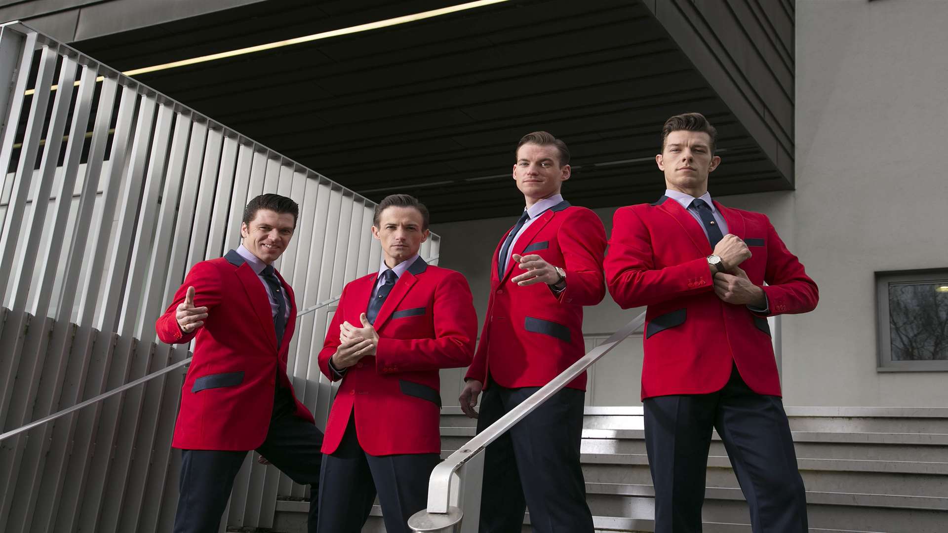 Jersey Boys cast Stephen Webb as Tommy DeVito, Tim Driesen as Frankie Valli, Sam Ferriday as Bob Gaudio and Lewis Griffiths as Nick Massi