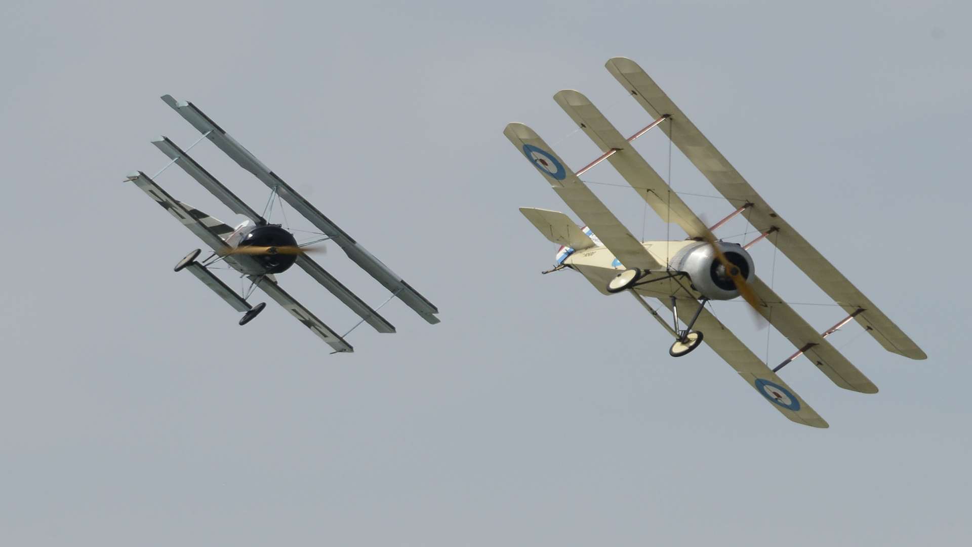 Sopwith Camel part of the Great War Display team chased by Fokker flown by Bruce Dickenson of Iron Maiden. Picture: Paul Amos