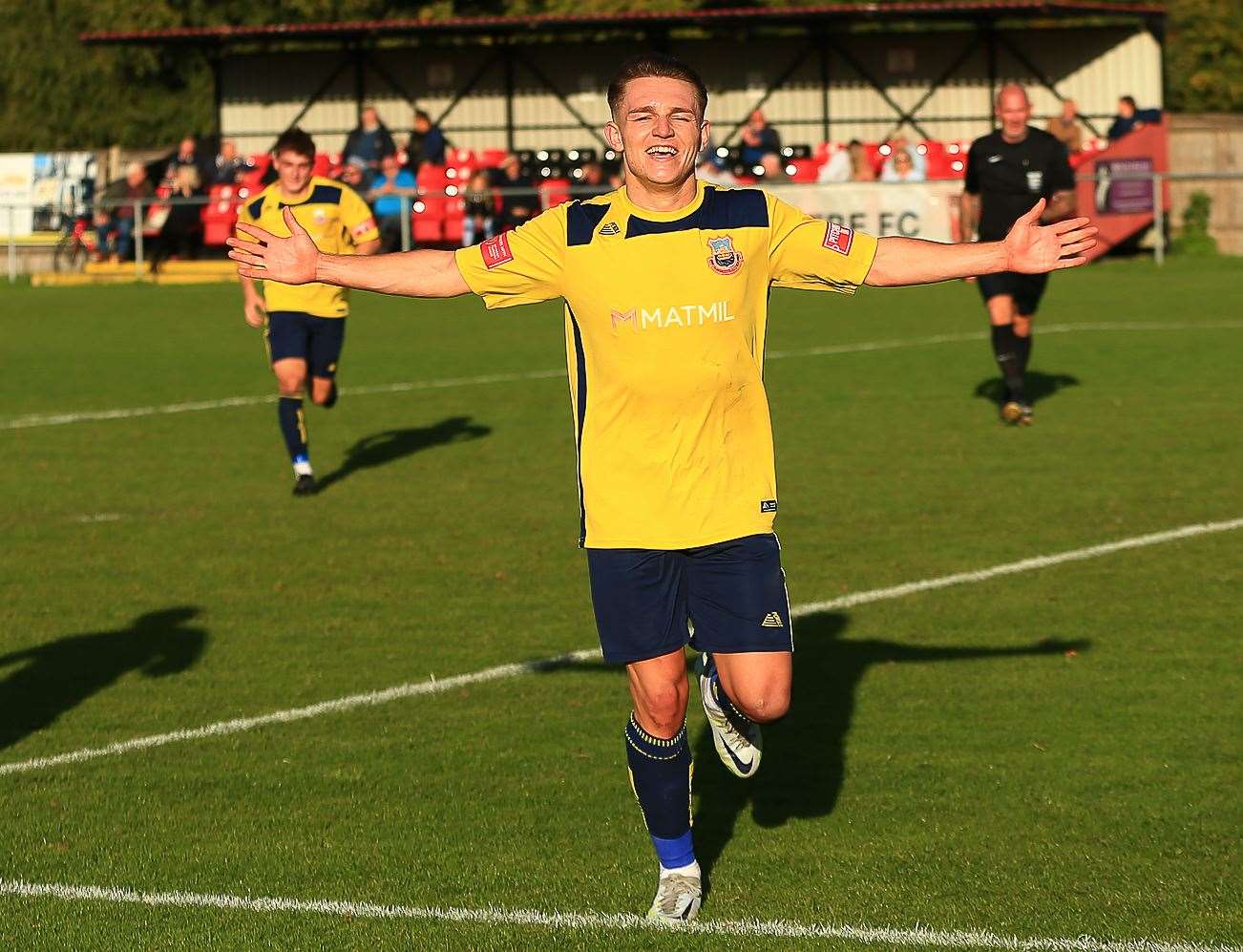 Josh Oliver celebrates scoring his penalty in Whitstable's weekend win over Glebe. Picture: Les Biggs