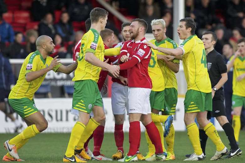 Tempers flare during the first half (Pic: Andy Payton)