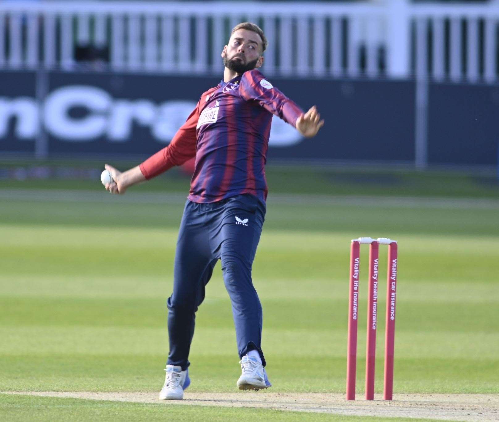 Spinner Jack Leaning in action in Canterbury for Spitfires in their 2023 T20 Blast campaign. Picture: Barry Goodwin