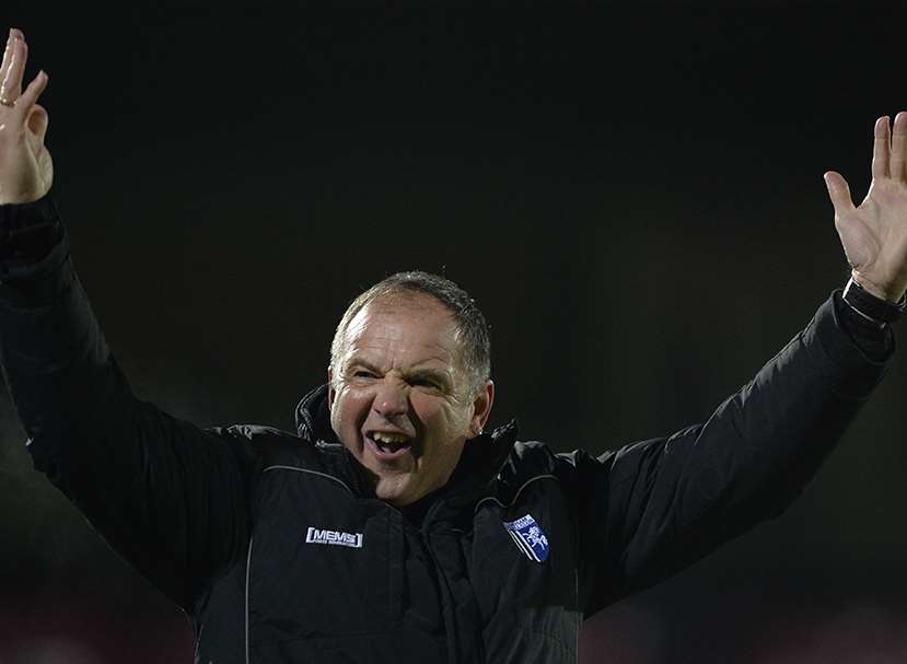 Gills boss Steve Lovell enjoys the win against Scunthorpe Picture: Ady Kerry