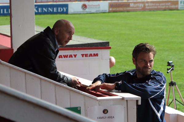 Steve Gritt and Daryl McMahon talk at Stonebridge Road on Wednesday. Picture: Phil Moss.