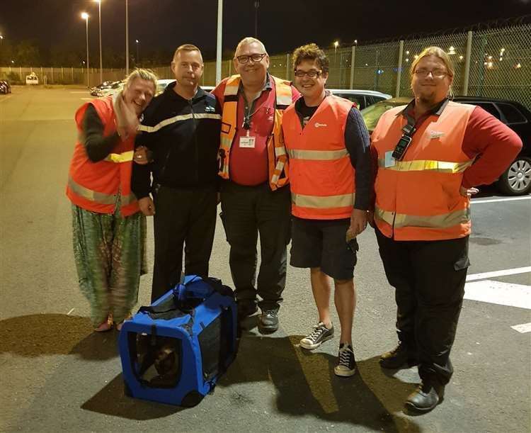Eurotunnel staff, pictured with Simon Tipping, helped in the search for runaway cat Mia