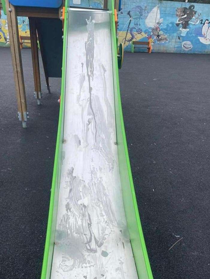 Days Green Play Park equipment was smeared with an egg, cream and flower mix. Picture: Headcron Parish Council