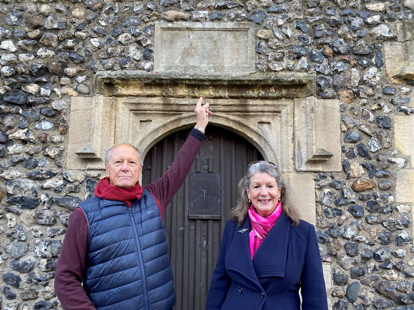 Stewart Ross and Hilary Brian at Sudbury Tower, in Canterbury