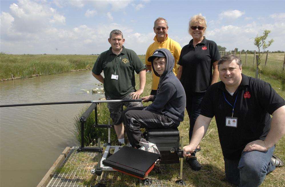 Gavin Russell, secretary of Holm Place Anglers, Pete Penberthy, of Meadowfields School, Leslye Mott and Rod Holkham, of the Dannyboy Trust and Billie Rose, 13, from Meadowfields School with one of the new seatboxes.
