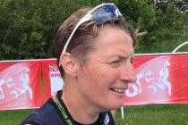 Liz King finishes the triathlon with the fish hook in her face