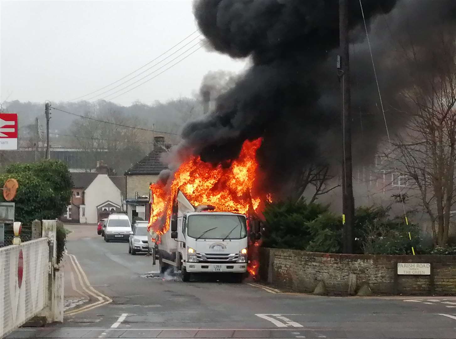 A lorry caught fire close to a level crossing in Chartham near Canterbury