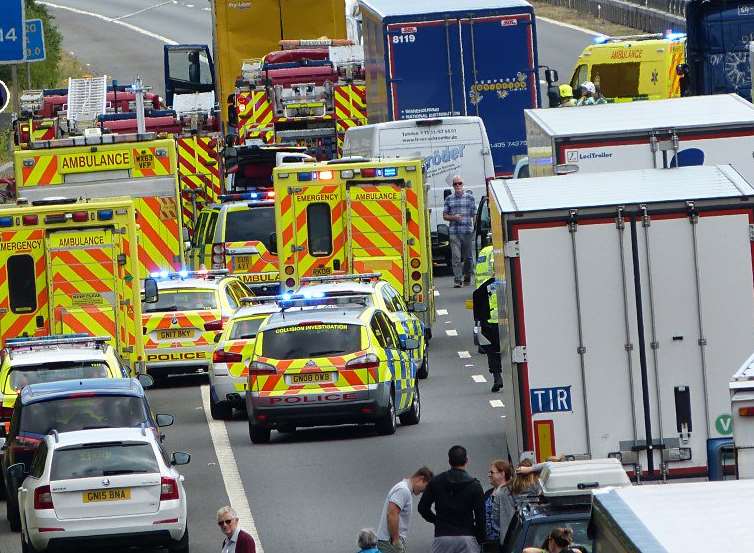 Emergency vehicles at the scene of the M20 crash. Picture: @Kent_999s