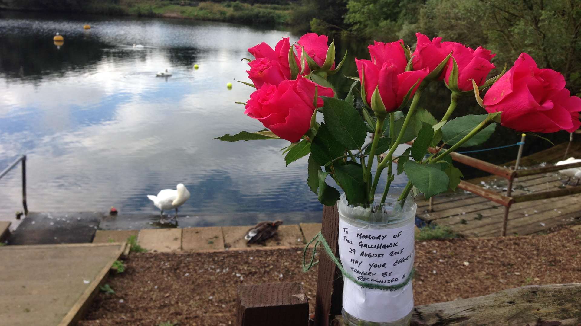 One of the floral tributes at the lake