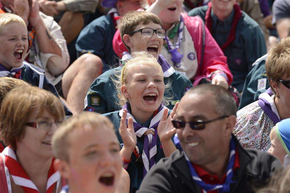 Thousands of Scouts and Guides welcome special guests Chief Scout Bear Grylls and comedian David Walliams to the International Scout Jamboree in Kent