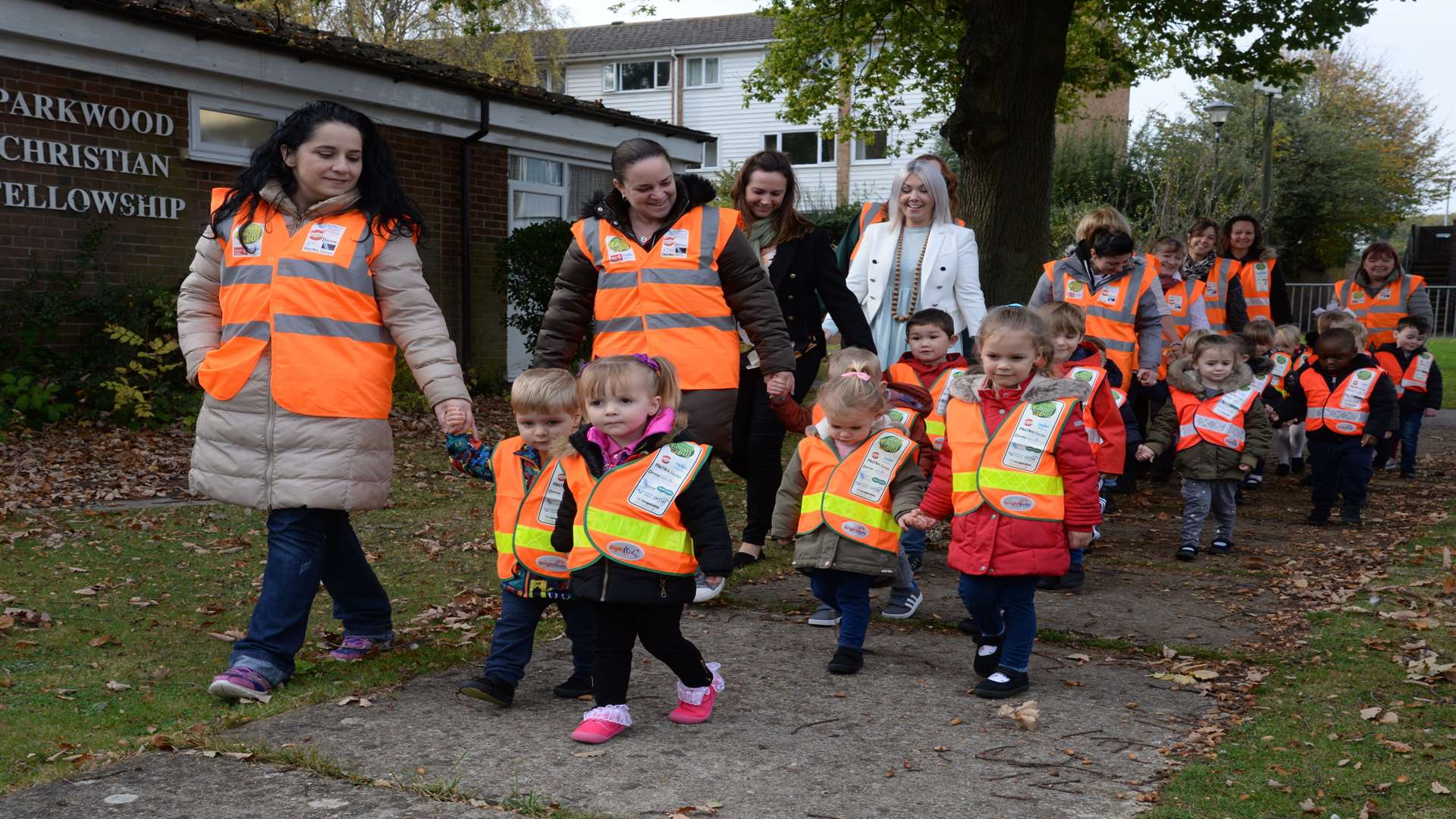 Children, staff, and supporters take a stroll at the launch of the Walking Bus at Parkwood Christian Fellowship Preschool, Medway.