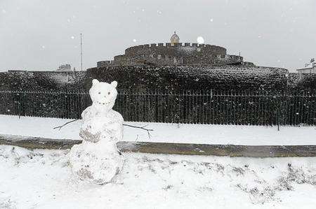 A snowman keeps guard at Deal castle.