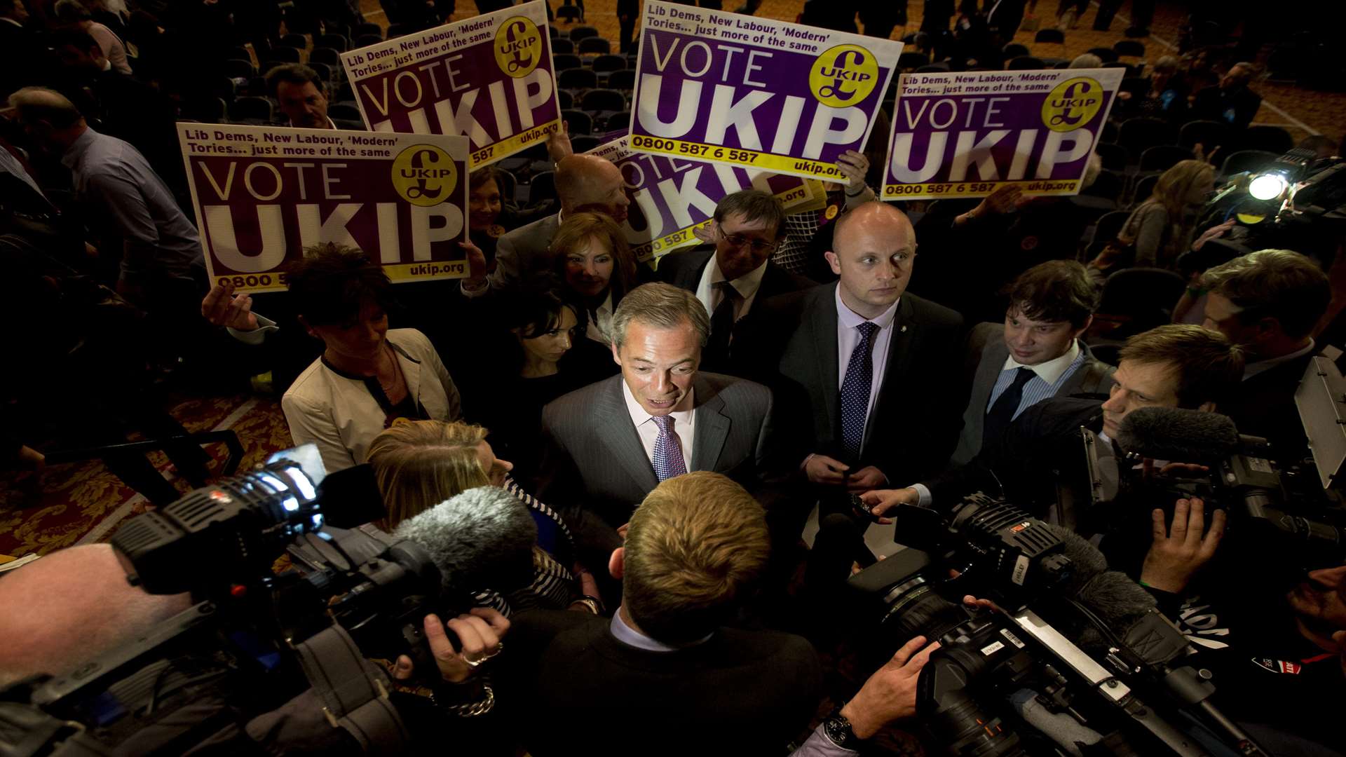 Nigel Farage at the centre of a media scrum after his party's victory. Picture: Jon Rowley/SWNS.com