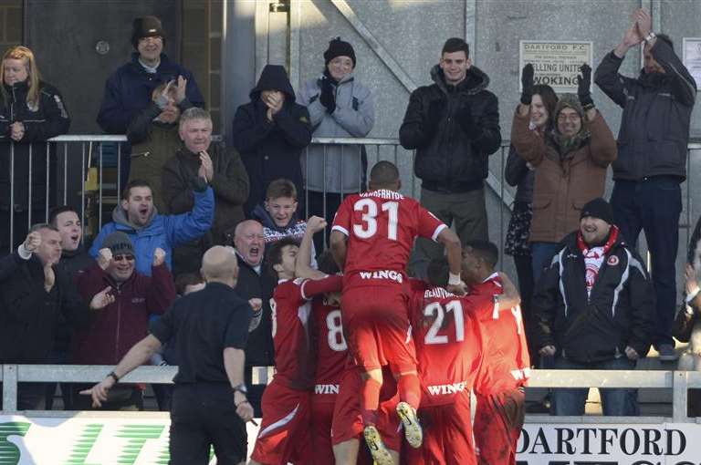 Welling celebrate their first goal at Dartford on Boxing Day Picture: Andy Payton