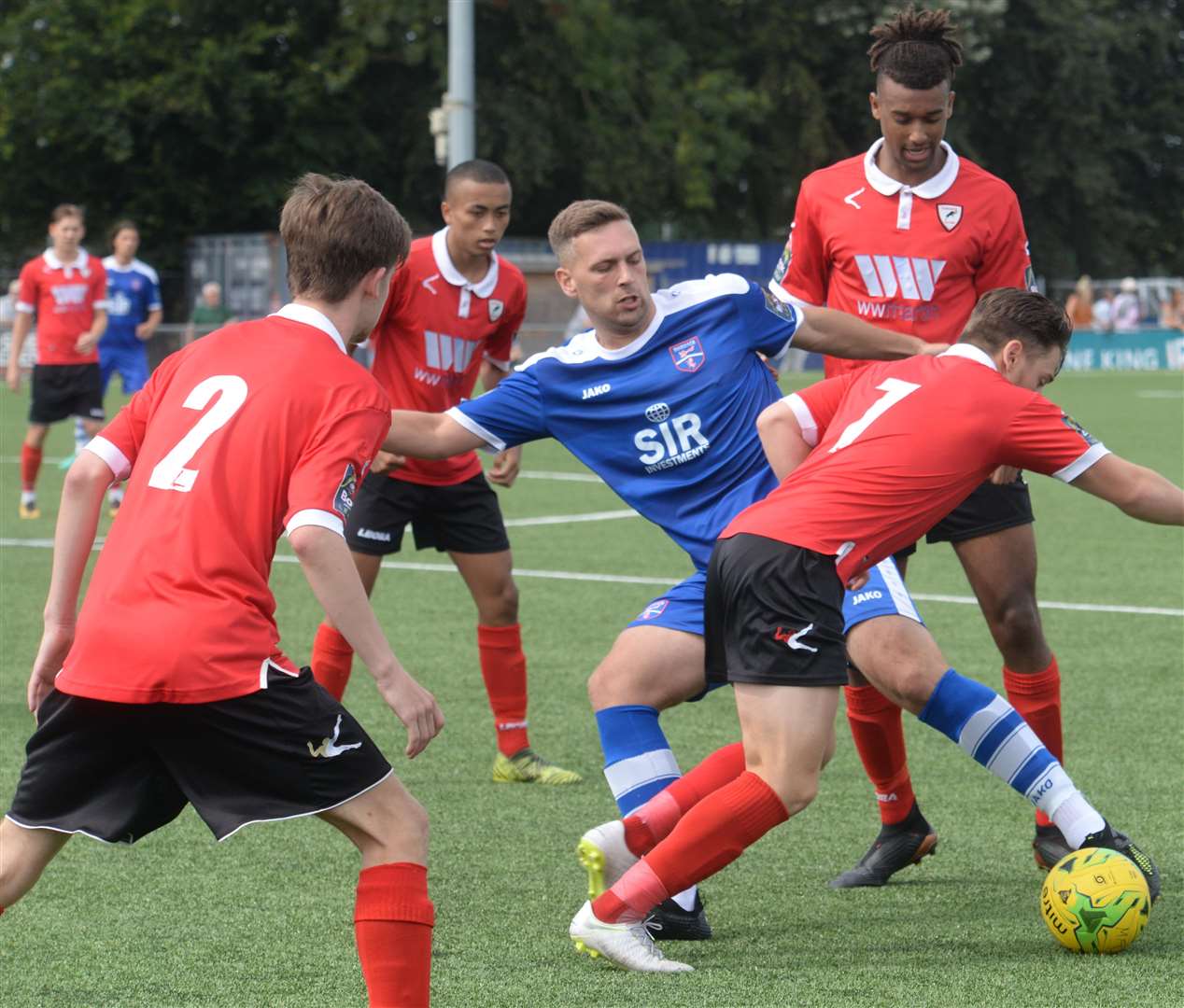 Margate (blue) battle it out in their final pre-season game against Ramsgate Picture: Chris Davey
