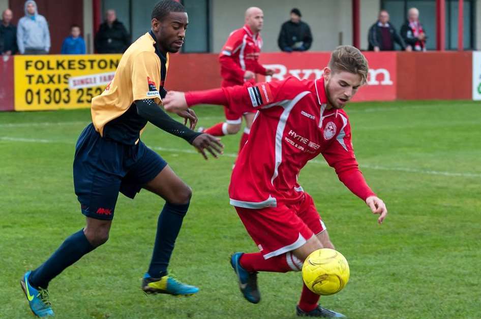Ashley Miller (right) pictured during one of his loan spells with Hythe Picture: Fiona Stapley-Harding