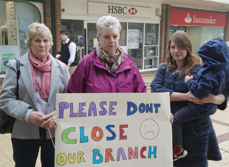 Jean Jones, Linda Chapman and Gemma Chapman outside HSBC at Hempstead Valley Shopping Centre