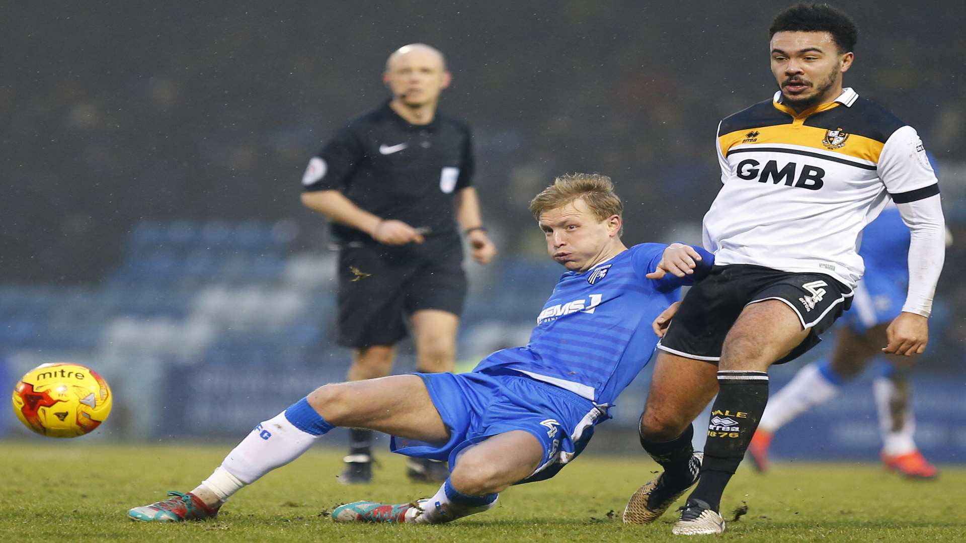 Josh Wright wins the ball back for Gillingham Picture: Andy Jones