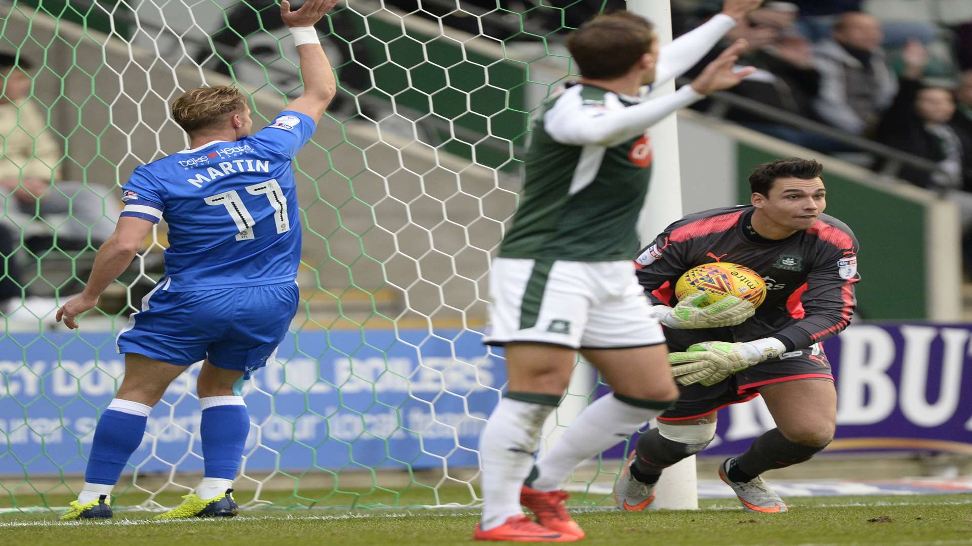 Gills appeal for a goal after Plymouth keeper Kelle Roos recovers the ball from behind the line Picture: Ady Kerry