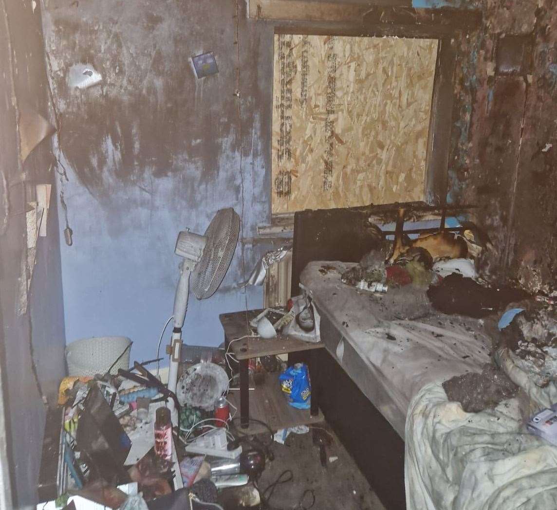 The damage to the bedroom after a house fire in Darnley Road, Strood. Photo: Tierney Hodges