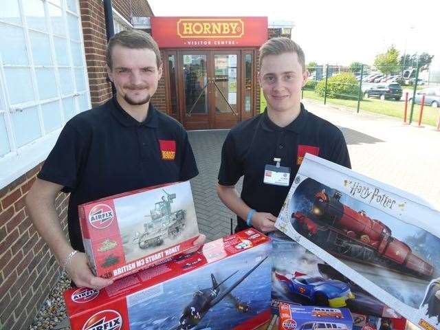 Stuart Wheeler and Ryan Jones of Hornby with the gift sets the company has donated as raffle prizes at KM Charity Team events in the year ahead (16061838)
