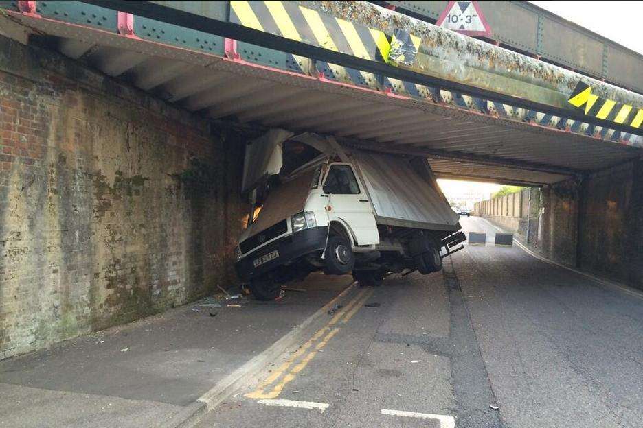 A van was wedged under the railway bridge in Priory Road, Tonbridge. Picture by @TWellsCat.