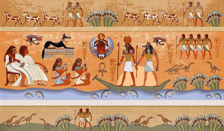 Ancient Egypt scene, mythology. Egyptian gods and            pharaohs. Murals ancient Egypt. Hieroglyphic carvings on the            exterior walls of an ancient temple. Egypt background            (3178401)