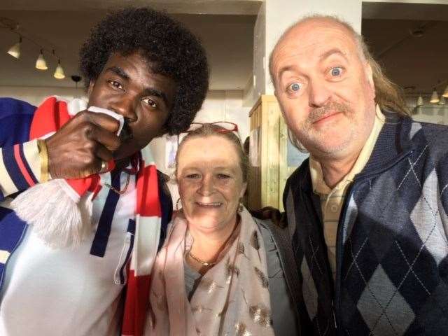 Sandra Hassan with left, Jimmy Akingbola and Bill Bailey filming for Sky comedy In The Long Run
