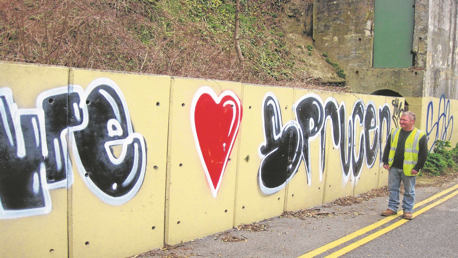 Graffiti expressing love for Folkestone town sprucer Pete Philips last year