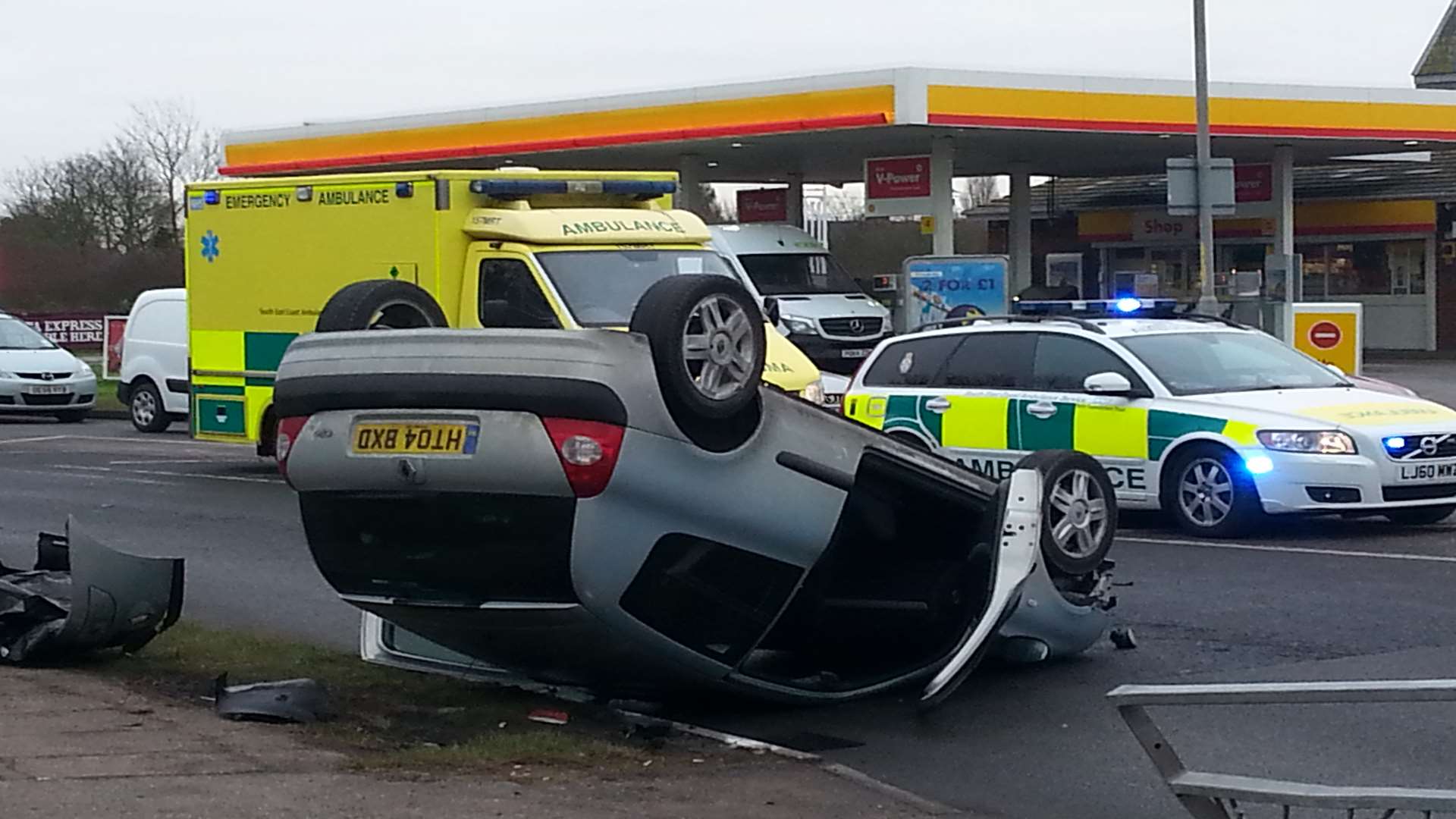 Overturned car on Chestfield roundabout