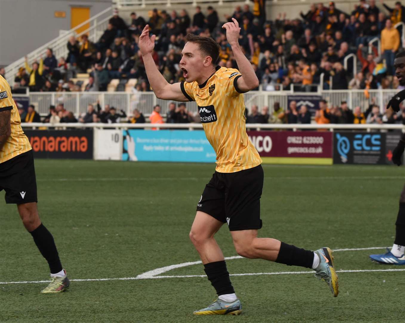 Matt Rush pulls a goal back for Maidstone at the weekend – set up by Jephte Tanga. Picture: Steve Terrell