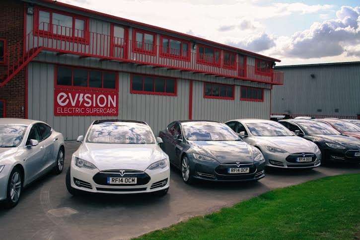 The fleet of Teslas at EVision in Strood.