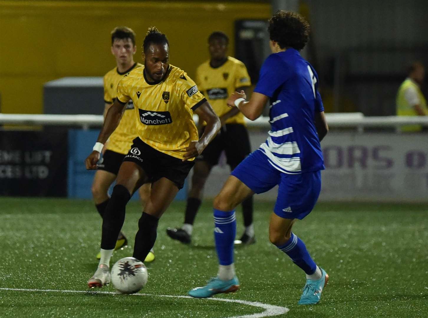 Lamar Reynolds in action for Maidstone against Aveley on Tuesday. Picture: Steve Terrell