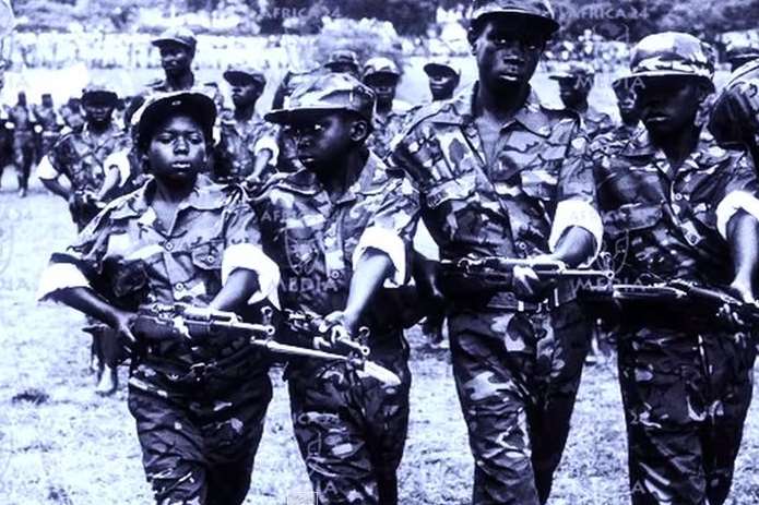 The video shows child soldiers in Sierra Leone